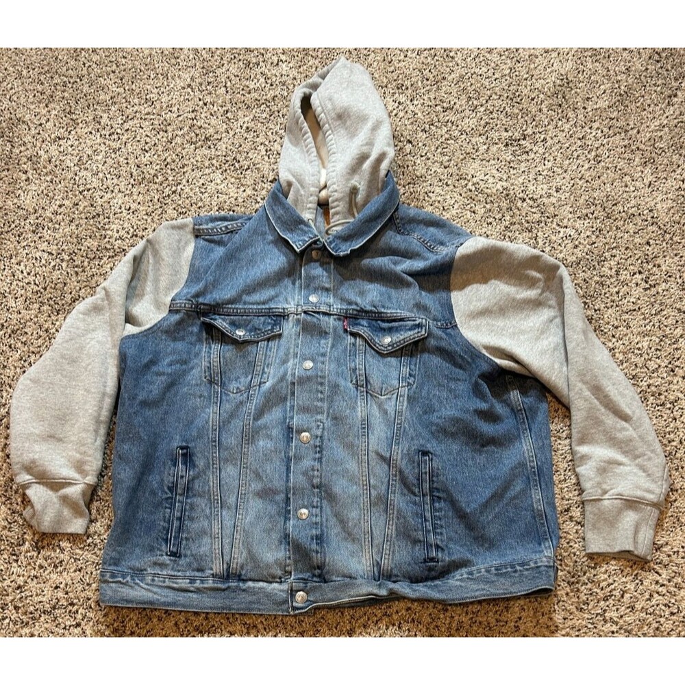 Levi's Trucker Jacket Mens 2XL Blue Denim Hooded Vintage Fit Sweatshirt Sleeves